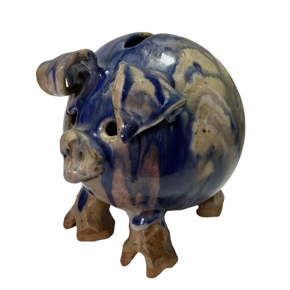 Art Pottery Piggy Bank Coin Bank Handmade Blue Drip Glaze Studio Pottery - Picture 1 of 6